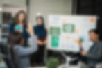 Diverse team, middle-aged Asian businessman, Caucasian young businesswoman, Muslim hijab-wearing focused in ESG goals